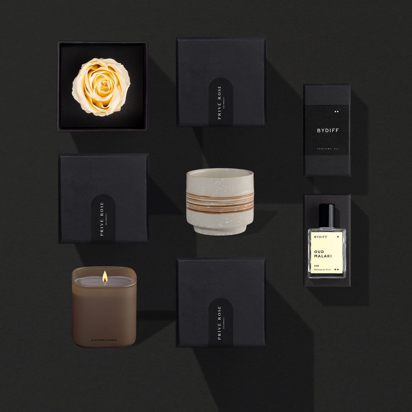 هدايا رجالية كوب قهوة سيراميك + شمعة معطرة + عطر زيتي + وردة طبيعة دائمة SG400