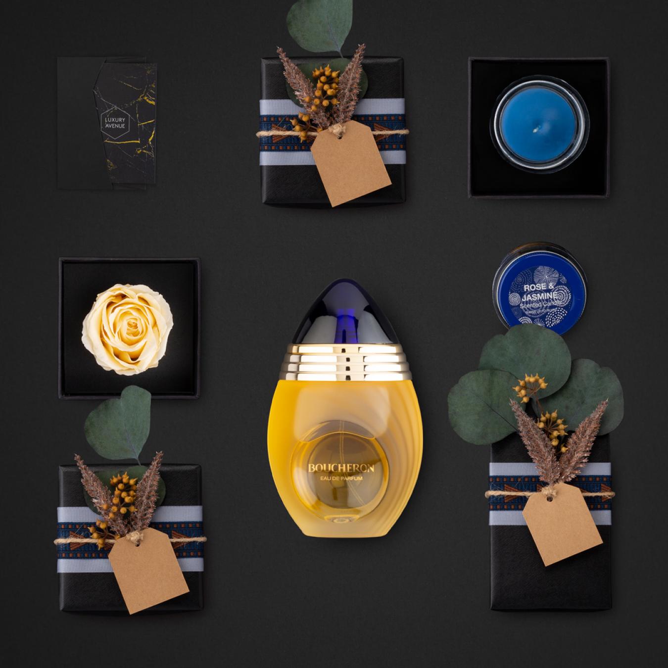 عطر بوشرون بكسات عطر هدايا مع وردة وشمعة