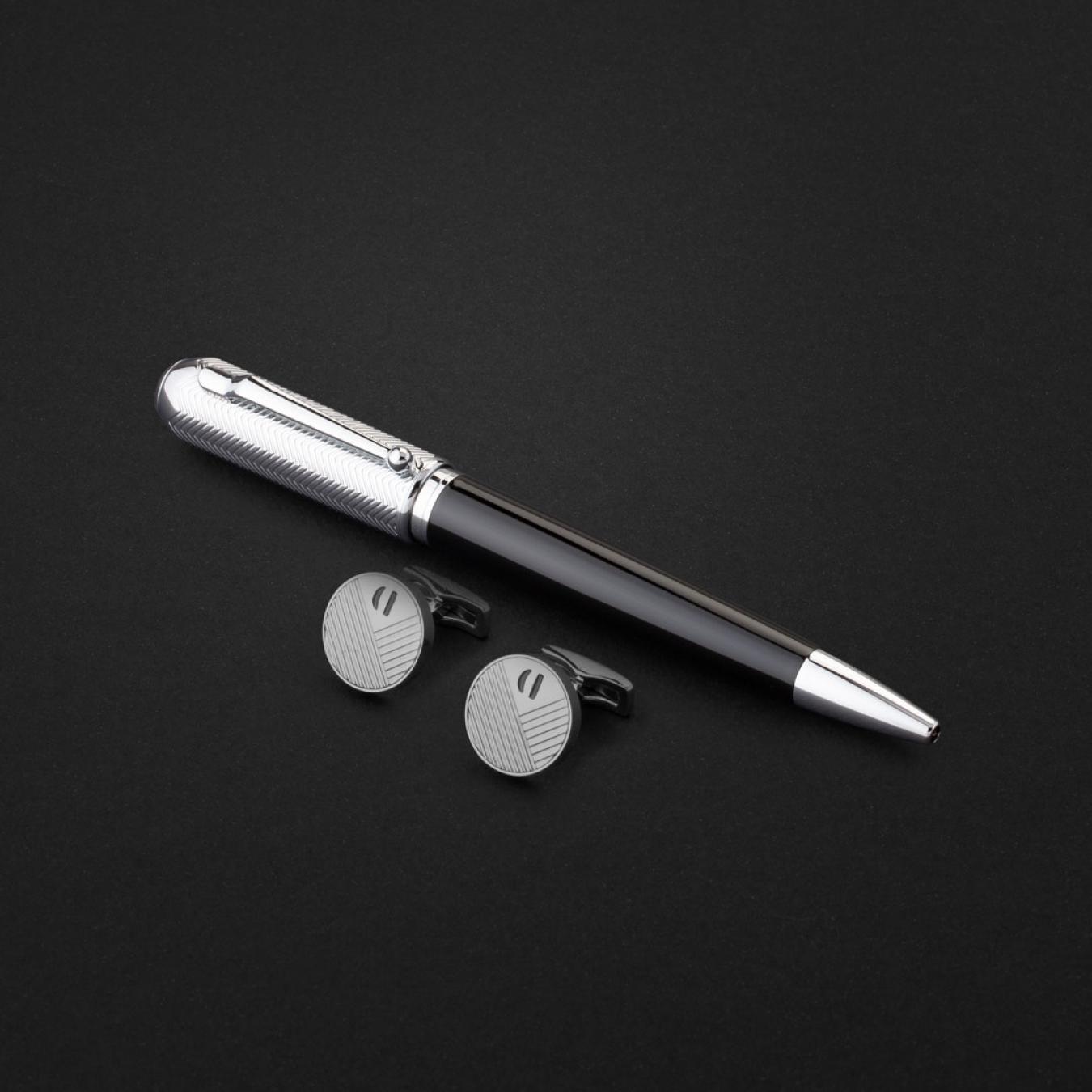 طقم قلم وكبك فضي اسود ماركة الدهنج D504SB-S