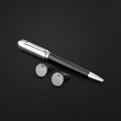طقم قلم وكبك فضي اسود ماركة الدهنج D504SB-S