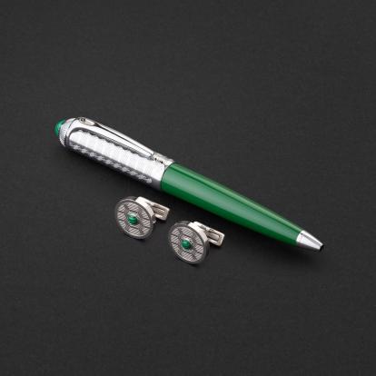 طقم قلم وكبك فضي اخضر ماركة الدهنج D506SG-S