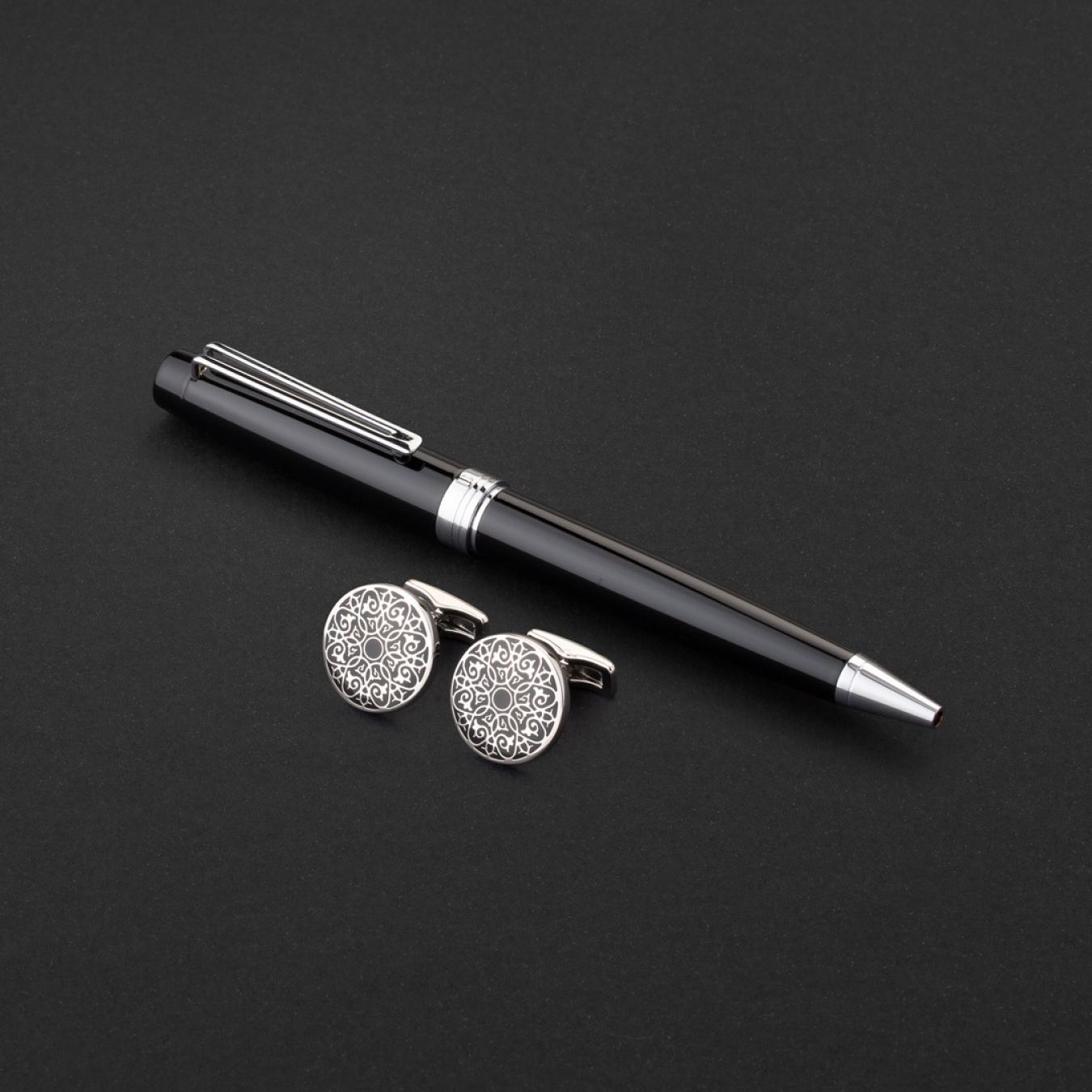 طقم قلم وكبك اسود فضي ماركة الدهنج D518SB-S