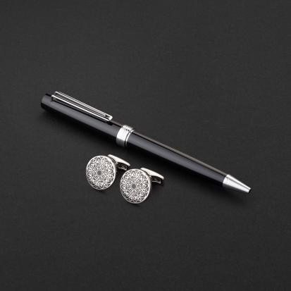 طقم قلم وكبك اسود فضي ماركة الدهنج D518SB-S