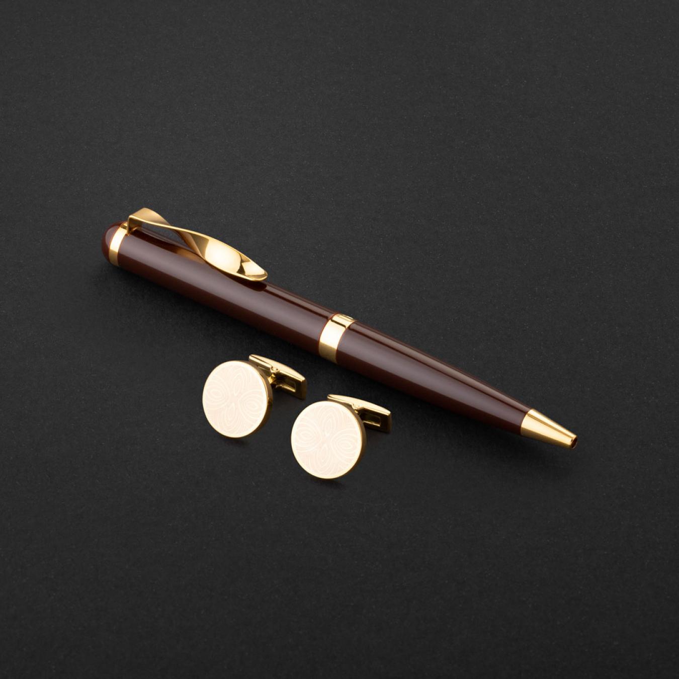طقم قلم وكبك بني ذهبي ماركة الدهنج D524GN-S