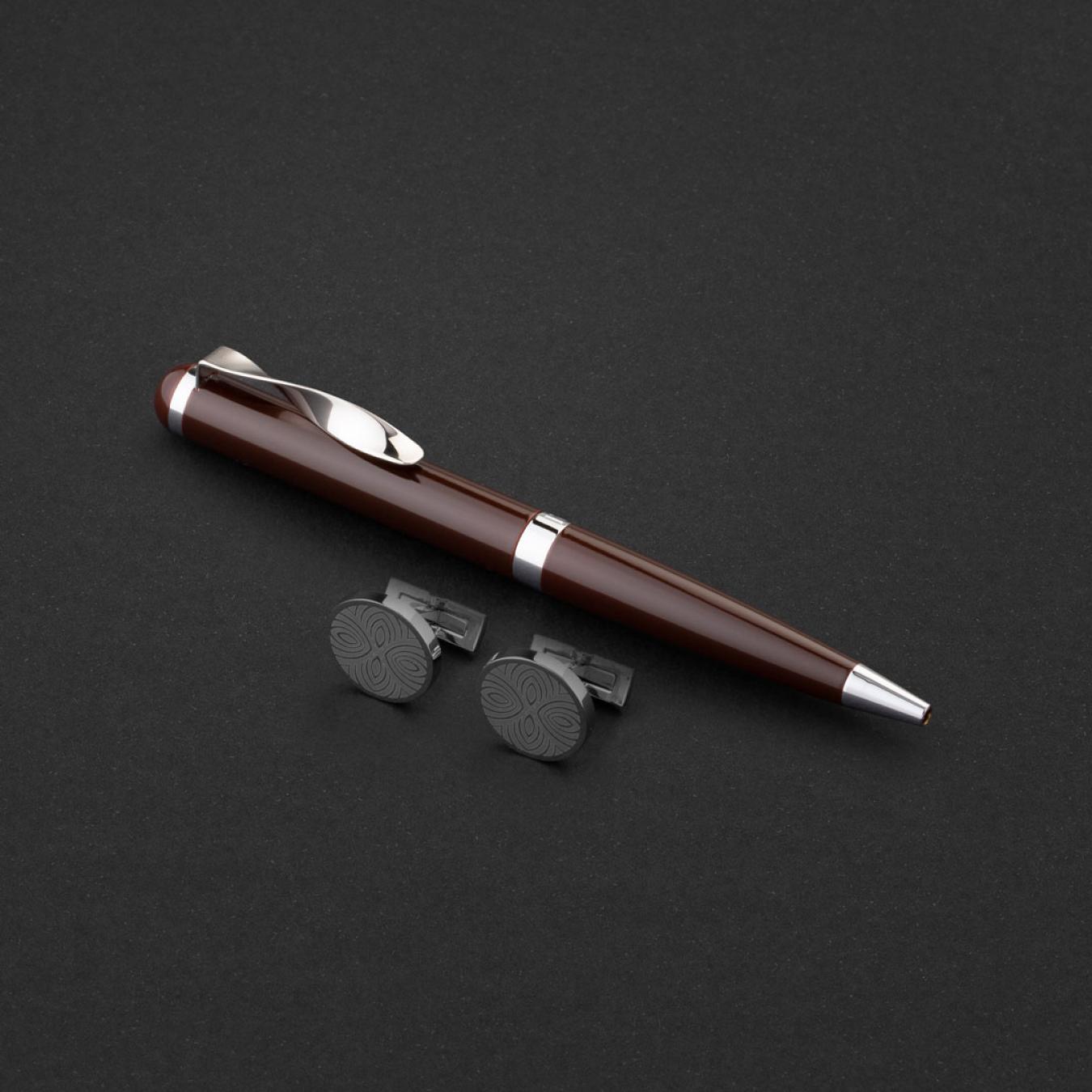 طقم قلم وكبك فضي بني ماركة الدهنج D525SN-S